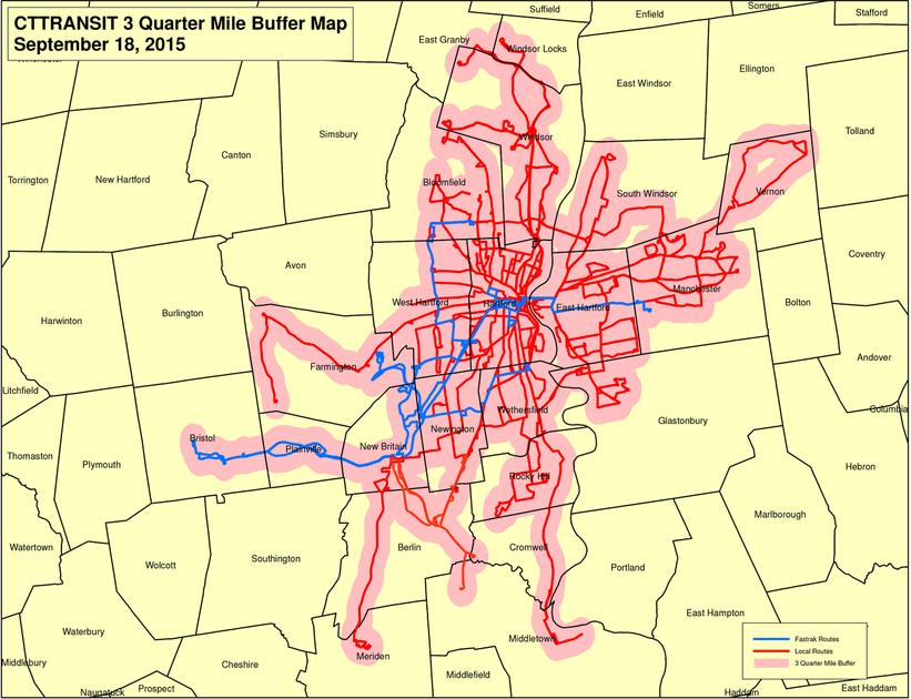 CTTransit 3 Quarter Mile Buffer Map